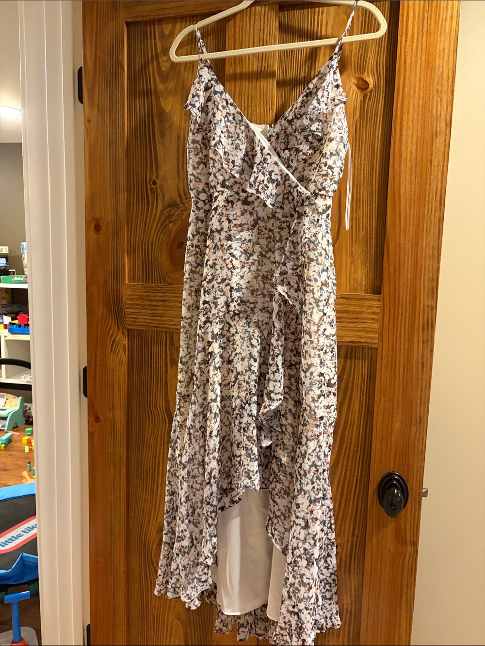 Express Floral High-Low Wrap Dress - White with Black & Brown Print